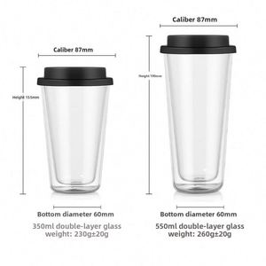 แก้วน้ำชา นม กาแฟ แบบมีโลโก้สั่งทำ ขนาด 350 มล. 550 มล. แก้วบอโรซิลิเกต 12 ออนซ์ แก้วสองชั้น พร้อมฝาซิลิโคน - Product Image 2