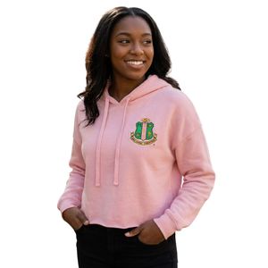 Sudadera con Capucha Corta de Felpa Rosa Claro para Mujer, con Estampado del Escudo Verde, Ropa de la Hermandad Griega Bella Canvas, OEM ODM - Product Image 3