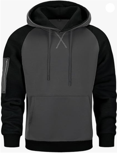 Sudadera con Capucha para Hombre, Manga Raglán, Color Sólido, Felpa Francesa, Corte Casual, Largo Regular, Sudadera Negra y Gris con Bolsillo Delantero - Product Image 2