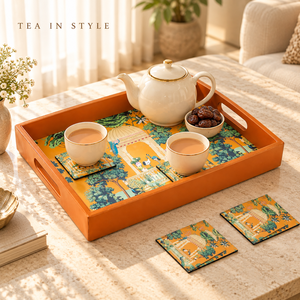 ถาดเสิร์ฟไม้เคลือบลายพืชสมัยใหม่ทำมือ พร้อมจานรองแก้ว 4 ใบ |   ของตกแต่งบ้านสำหรับโต๊ะอาหารในครัวที่มีลักษณะศิลปะ - Product Image 4