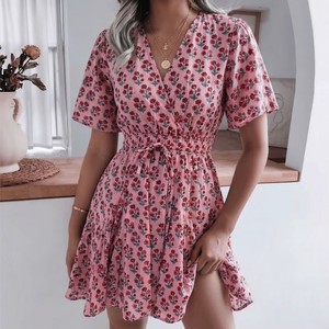 Pink Floral Mini <b>Dress</b> for Women Cotton <b>Summer</b> <b>Dress</b> V Neck <b>Boho</b> <b>Dress</b> Short Sleeve Casual <b>Dress</b> Flowy Floral Sundress - Product Image 1