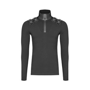 <b>Men's</b> Gothic Longsleeve Shirt Slim Fit T-Shirt with Faux Leather Stand-up Collar and D-Ring Shoulder Straps - Product Image 1