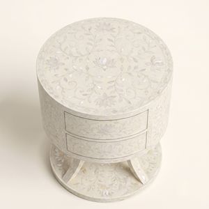 Artisan Mother of Pearl <b>White</b> <b>Round</b> <b>Bedside</b> <b>Table</b> with Double Drawers Floral Inlay Luxury Bedroom Furniture <b>Round</b> Nightstand - Product Image 3