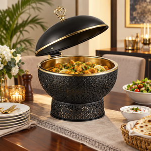 Plat à réchaud rond noir mat et or avec base à motif floral découpé au laser et couvercle à charnière, chauffe-plats de buffet - Product Image 2