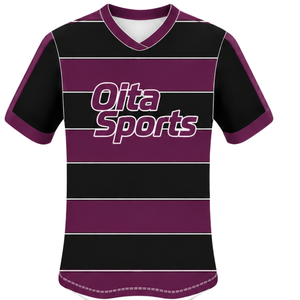 Maillot de rugby à manches courtes noir bordeaux, col rond, rayé, pour l'entraînement sportif et les matchs d'équipe - Product Image 1