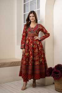 Ensemble de 3 robes Radish Florish en coton, ensemble Anarkali Kurta rouge, robe en coton imprimé Kalamkari, Anarkali en coton avec pantalon et dupatta - Product Image 2