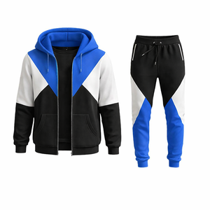 Men's Blue Black Color Block Tracksuit Set Zip <b>Hoodie</b> and Jogger Pants Casual Sportswear Streetwear Gym Wear Outfit - Product Image 2