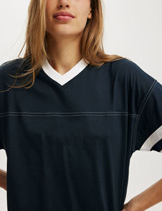 Camiseta de Manga Corta con Cuello en V Azul Marino para Mujer, con Rayas Blancas, Corte Holgado, Estilo Deportivo, de Algodón Jersey, para Primavera/Verano, Venta al Por Mayor - Product Image 6