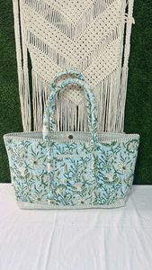 Premium Quilted Cotton Magnetic Closure Tote Bag Handmade Indian Block Print Shoulder <b>Shopper</b> for Daily Use - Product Image 2