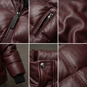Custom Wholesale Mens Burgundy Real Leather Puffer Jacket Unisex Winter Warm <b>Bubble</b> <b>Coat</b> Manufacturer Padded Outerwear Apparel - Product Image 6