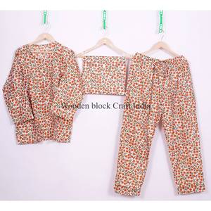 Conjunto de Pijama de Lujo Hecho a Mano 100% Algodón con Estampado Floral para Mujer, Manga Tres Cuartos, Cuello Redondo, Largo Completo, Cintura Elástica, Suave - Product Image 6