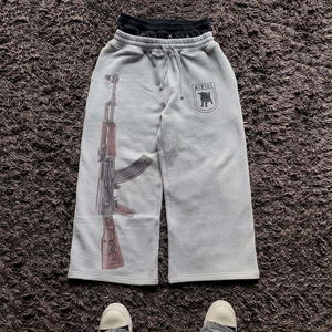 Pantalon Street Guard Y2K taille haute, imprimé et brodé, effet usé, coupe large décontractée, devant plat, 100% Coton, Printemps-Été - Product Image 2