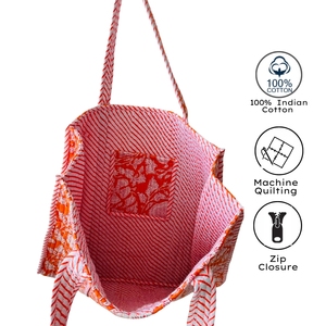 Sac fourre-tout en coton matelassé à imprimé floral orange, style bohème, ouvert en haut, écologique, fait main, pour l'été, la plage, le shopping et les voyages - Product Image 5