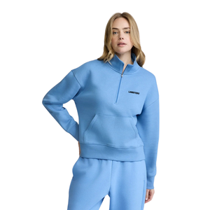 Women's Quarter Zip High Neck Crop Top with Wide Leg Open Hem <b>Trousers</b> Two Piece Relaxed Tracksuit Drawstring Waist Long Sleeves - Product Image 3