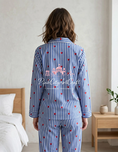 Conjunto de Pijama de Algodón a Rayas Azules y Blancas con Detalles de Corazones Rojos, Transpirable, de Secado Rápido, Elegante, Estampado a Mano, para Primavera/Verano - Product Image 5