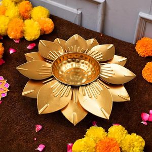 Handcrafted Golden Lotus Urli <b>Bowl</b> Floating Flowers Diyas <b>Metal</b> Centerpiece Christmas Home Decor - Product Image 2