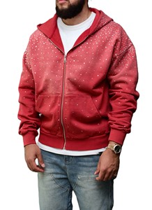 Custom Logo Men's Vintage Flooded Rhinestones Zip Hoodie Cotton Blended Breathable Streetwear Acid Wash Hoodie For Men - Product Image 4