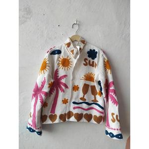 Chaqueta Corta de Algodón Estilo Bohemio Suzani, Bordado Colorido con Sol, Corazón y Palmera, Ropa Exterior Casual para Mujer - Product Image 1