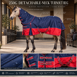 Manta de Invierno para Caballo Aislante de 250G Azul Marino y Rojo con Cuello Desmontable |   Manta Impermeable Ripstop 1200D para Invierno - Product Image 5