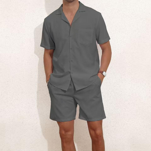 Men's Casual Summer Co-ord <b>Set</b> Knitted Short-sleeve Shirt Drawstring Shorts Patch Pockets Breathable Solid Printed Shorts <b>Sets</b> - Product Image 4