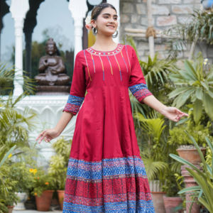 Kurta Anarkali de Algodón Bordado, Elegante Traje Tradicional Indio para Mujer, Estilo Étnico, para Verano, Cómodo, de Secado Rápido, Protección Solar - Product Image 1