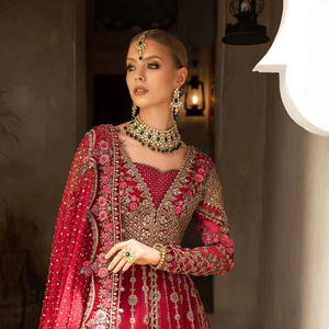 Premium Pakistani Bridle Dress Emerald Green And Antique Gold Heavy Embellished Long Bridal Pishwas With Banarsi Jamawar - Product Image 1