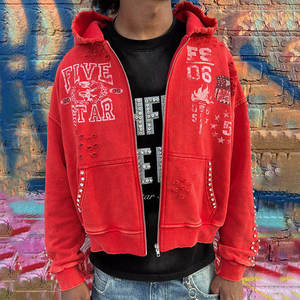 Custom Vintage Distressed Studded Zip Hoodie | Oversized Graphic Streetwear Sweatshirt OEM ODM Private Label Rhinestone Hoodies - Product Image 2