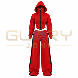 Custom Red Cropped Hooded Tracksuit Set Wide Leg Pant Contrast Side Stripe <b>Zipper</b> <b>Jacket</b> Street Style Outfit for Women Fashion - Product Image 5