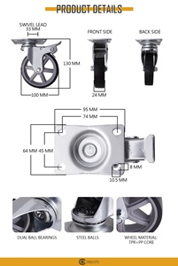 Rueda giratoria de placa superior de TPR de 4 pulgadas (100 mm) con freno y doble rodamiento de bolas para carros de servicio y carros de transporte - Product Image 2