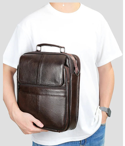 Sac messager en cuir véritable pour homme, couleur unie, sac bandoulière avec fermeture éclair, grande capacité, style professionnel - Product Image 3