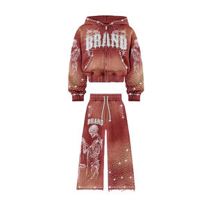 Baggy Embroidery Printed Oversize Acid Wash Vintage Rhinestones Tracksuit <b>Zip</b> Hoodie Flare Stack <b>Trouser</b> Waterproof Solid - Product Image 1