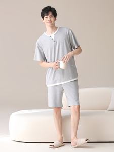 Men's Casual Eco-Friendly Knitted 100% Polyester Solid Short Sleeve Elastic Waist Shorts Pajamas Can Be Worn Outward Summer - Product Image 5