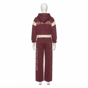 Custom Women Acid Wash Burgundy Color Block <b>Cropped</b> Hoodie Wide Leg <b>Jogger</b> Set Cotton Fleece Tracksuit OEM Wholesale - Product Image 4