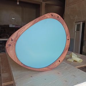 Modern Organic Pebble Shape Solid Wood Wall <b>Mirror</b> Horizontal Amoeba Curved Timber Frame Living Room Entryway Decor Artwork Unit - Product Image 6