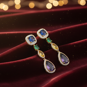 Designer Multi Gemstone <b>Earrings</b> with CZ 925 Sterling Silver 18K <b>Gold</b> Plated 6 Inch Long <b>Dangle</b> <b>Earrings</b> Ethnic Jewellery - Product Image 2