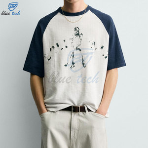 Camiseta de algodón para hombre Blue Tech, manga corta, cuello redondo, ribete en contraste, estampado de personajes, estilo casual, jersey de punto. - Product Image 4