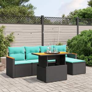 Juego de sofás de patio de ratán sintético negro de 6 piezas con cojines, muebles de exterior - Product Image 1