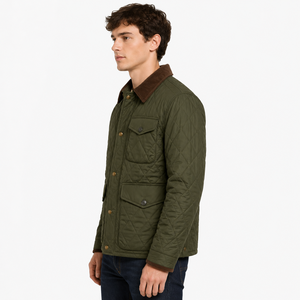 Chaqueta de Campo Acolchada Verde Oliva para Hombre, Chaqueta Clásica con Costuras en Diamante, Chaqueta Ligera Aislante para Exteriores con Cuello de Pana - Product Image 2