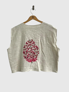 Gilet en lin et coton brodé de fleurs, sans manches, col en V, style Prairie Chic, fait main, haut de printemps pour femme - Product Image 2