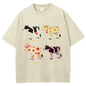 T-shirt unisexe d'été vintage imprimé vache et cowboy, délavé à l'acide, en coton décontracté, style Y2K années 90 rétro pour homme et femme - Product Image 5