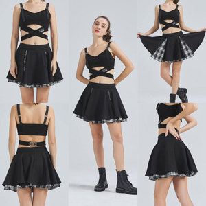 Gothic <b>Skirts</b> Cute High <b>Elastic</b> Waisted Plaid Kilts for Women Trendy Hem Flared Knee Length Mini Skater <b>Skirt</b> - Product Image 6