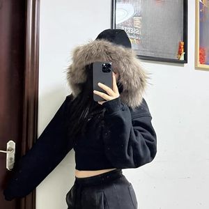 Black Fur Zip Up Hoodie <b>Jacket</b> Y2k Faux Fur <b>Lined</b> Hooded Coat Streetwear Style <b>Jackets</b> - Product Image 3