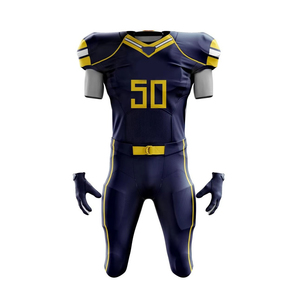 Ensemble uniforme de football américain pour hommes, maillot et pantalon sublimés bleu marine et jaune, ajustés, en polyester respirant et anti-humidité - Product Image 2