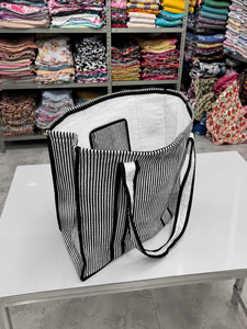Bolso de mano de lona a rayas en blanco y negro para mujer, estilo bohemio vintage, estilo minimalista, para todas las estaciones, bolso de compras de invierno - Product Image 2