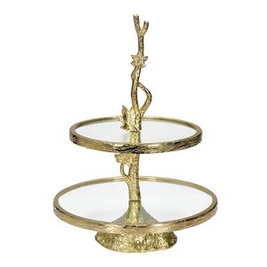 Luxury Gold 2-Tier <b>Glass</b> <b>Cake</b> <b>Stand</b>, Branch & Leaf Metal Pedestal Serving Tray, Elegant Wedding Dessert Display Cupcake Holder - Product Image 1