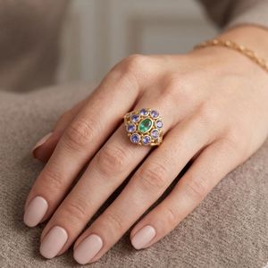 Gemvanity R990 14K Gold Plated Luxury Tibetan Buddhist Channel Setting Brilliant Cut Emerald Tanzanite Diamond Engagement Gift - Product Image 5