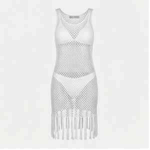 <b>White</b> Knitted Halter 2-Piece Swimwear <b>Set</b> with Skirt Bottom Tassel Hem Hollow Out Design Anti-UV Protection for Women - Product Image 1