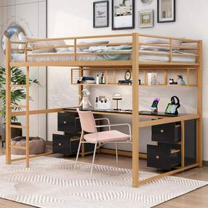 Solid Wood Loft Full <b>Bed</b> Frame <b>with</b> Desk, Drawers & <b>Storage</b> Shelves – Built-In USB Charging Station, Space-Saving Design - Product Image 6