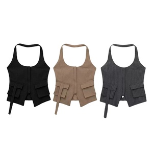 Femmes automne nouveau gilet dos nu Design poche décoré col licou haut - Product Image 1