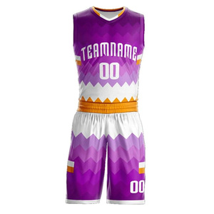 Custom Basketball Uniforms Sublimated Purple <b>White</b> Geometric Pattern V-Neck Sleeveless Jersey And Shorts Unisex Athletic Wear - Product Image 1